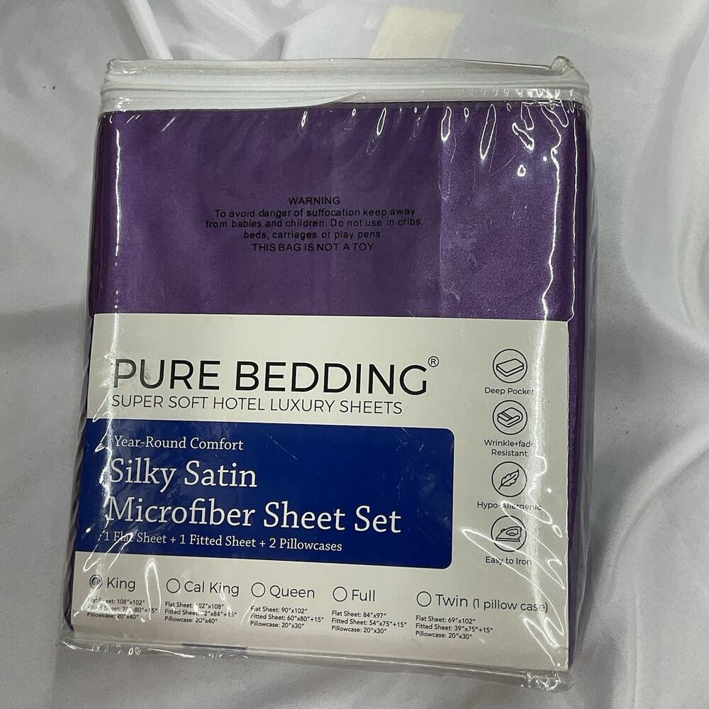 Pure Silky Satin Microfiber King Set‎ 1 Flat & Fitted Sheet 1 Pillowcase Purple